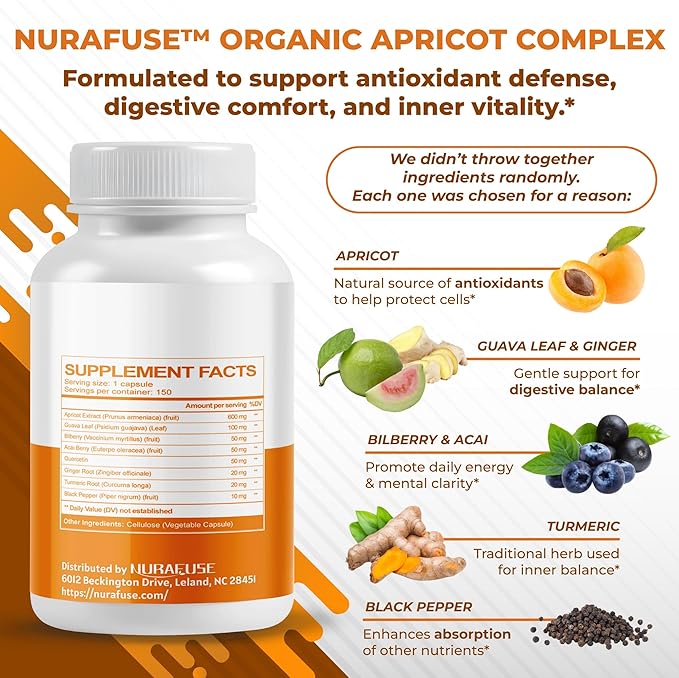 Apricot, Amla, Bilberry – Rich in Antioxidants, Supports Anti-Aging & Digestive Health – with Acai Berry, Quercetin, Ginger, Turmeric & Black Pepper – 150 Capsules