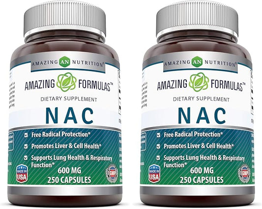 Amazing Formulas NAC 600 Mg | N-Acetyl Cysteine Supplement | Capsules | Non-GMO | Gluten Free | Made in USA (2 Pack, 250 Count)