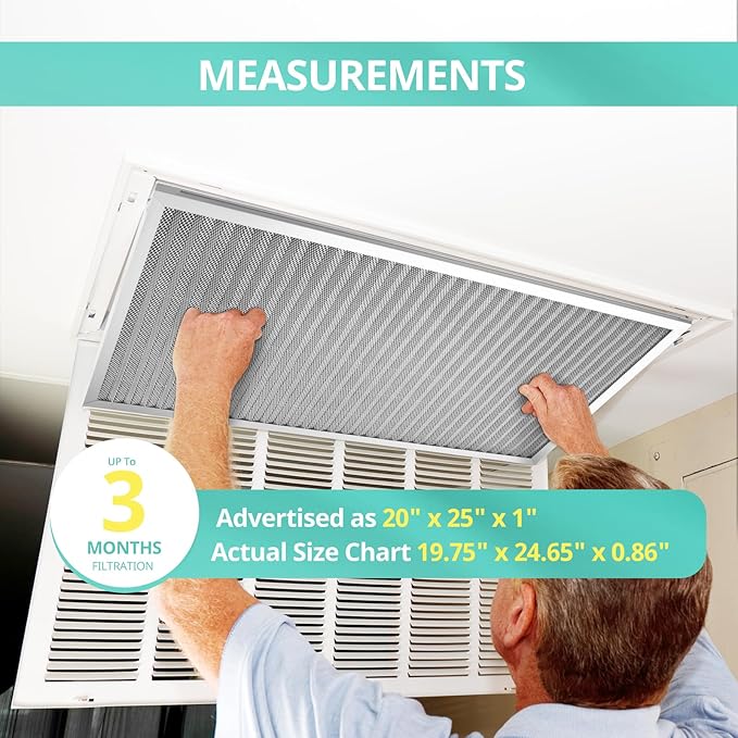 20x25x1 Electrostatic Air Filter, Washable & Reusable Aluminum AC/HVAC Furnace Filter, MERV 8, Lasts a Lifetime, Healthier Home or Office(Actual Size: 19.75"x24.65"x0.86")