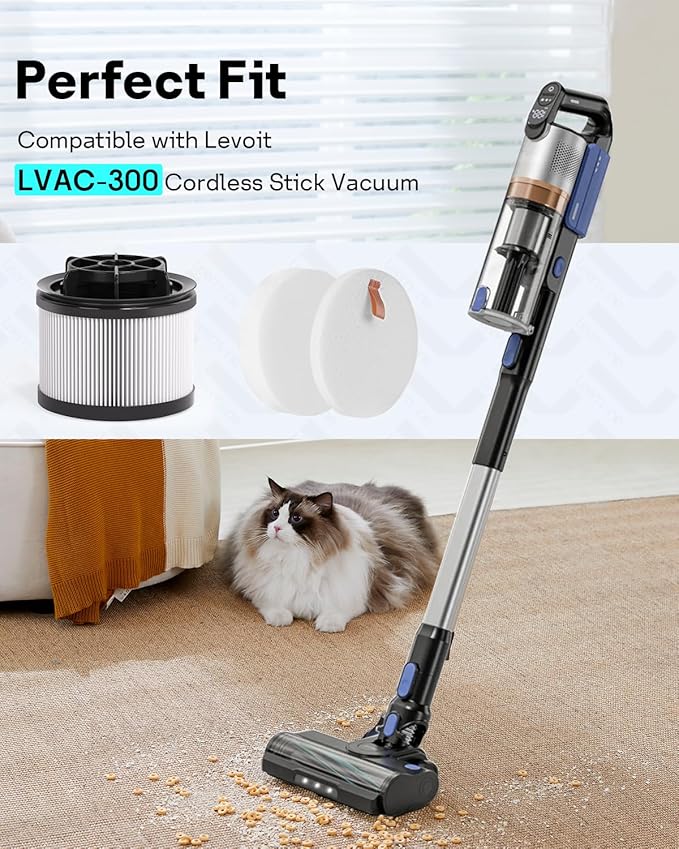 18 PCS LVAC-300 Vacuum Filter Replacement, Compatible with Levoit LVAC-300 Cordless Stick Vacuum Cleaner, LSV-V202F-WUS, 2 Post-Motor Filters + 8 Felt Filters + 8 Foam Filters