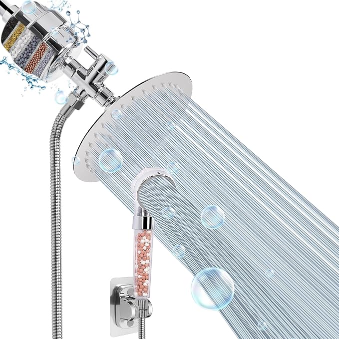 HarJue Filter Shower Head, High Pressure 8 Inch Rainfull with Filter Combo for Hard Water, Remove Chlorine Fluoride and Harmful Substances- 1 Replaceable Filter Cartridge (Round, Chrome)