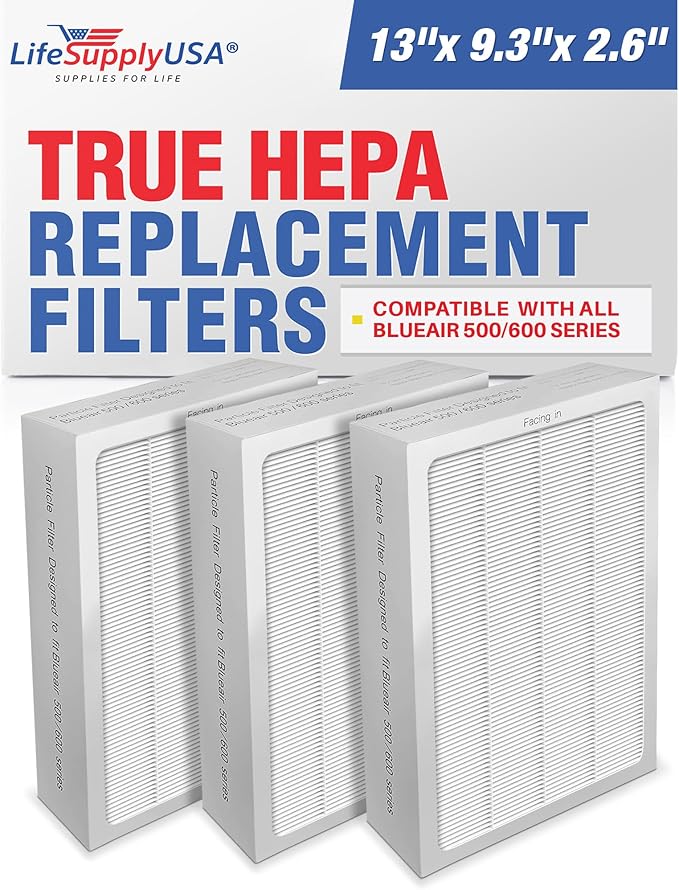 3-Pack Classic True HEPA Filter Replacement Compatible with Blueair Classic 500/600 Series Air Cleaner Purifiers 501 503 505 510 550E 555EB 601 603 605 650E Particle Filter by LifeSupplyUSA