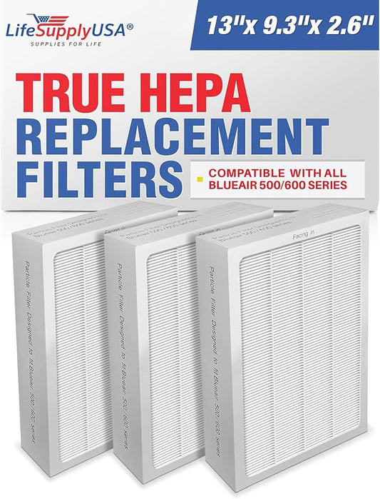 3-Pack Classic True HEPA Filter Replacement Compatible with Blueair Classic 500/600 Series Air Cleaner Purifiers 501 503 505 510 550E 555EB 601 603 605 650E Particle Filter by LifeSupplyUSA