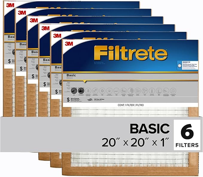 Filtrete 20x20x1 Air Filter, 3M MERV 5 HVAC AC Furnace Filter Replacement, 6-Pack (Actual Size 19.69x19.69x0.88 in)