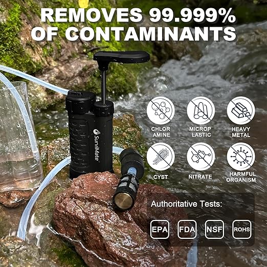 SurviMate Water Purifier Survival Pump，0.01 Micron 5-Stage Water Purifier System，Hand Pump Water Filter Portable Outdoor Emergency，Camping, Hiking, Backpacking