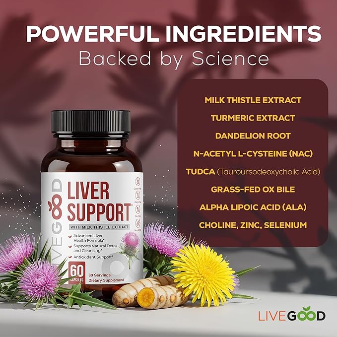 LIVEGOOD Liver Support Supplement for Liver Cleanse Detox, Milk Thistle and Dandelion Root, with Turmeric and Alpha Lipoic Acid for Overall Health (60 Count)