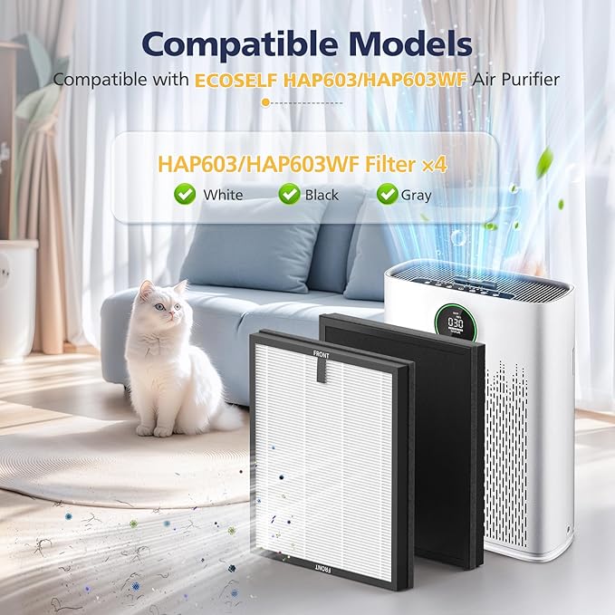 4-Pack HAP603 Replacement Filter Compatible With ECOSELF HAP603 & HAP603WF Air Purifier, 3-IN-1 Hepa Filter with Activated Carbon for Home Office, # RFHAP603, White
