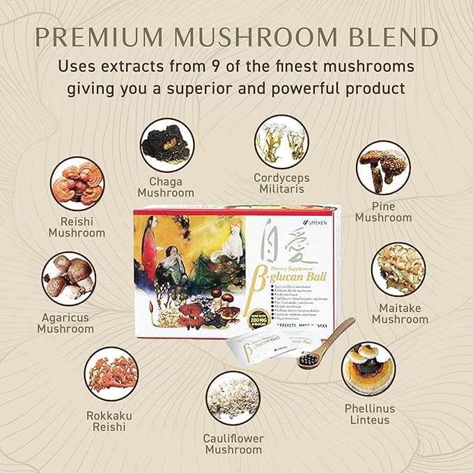 Umeken Beta Glucan, Immune Boost, Mushroom Extract, Dietary Supplement, Blend of 9 Premium Mushroom Extract Packets, Easy to Take Beta Glucan Supplements, 3 Month Supply, 90 Count Box, Pack of 1
