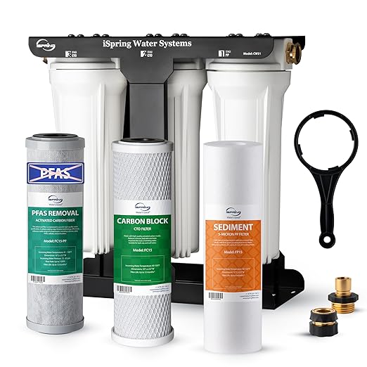 iSpring CW31-PF RV Water Filter System, SGS-Tested PFAS Removal, Reduces Chlorine, Lead, Sediment, Rust, and Odors, Leak-Free, Tankless, High Capacity, 3/4'' Lead-Free Brass Hose Quick Connectors