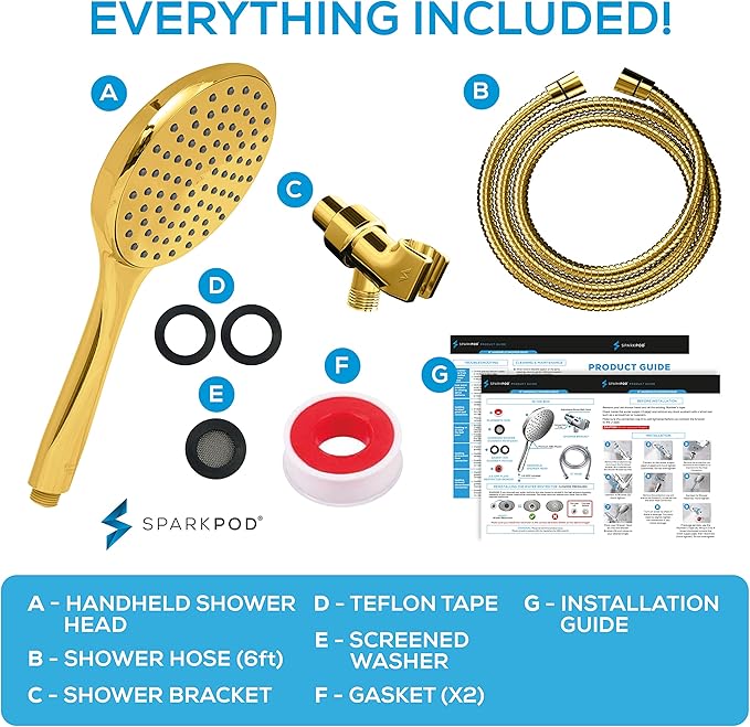 SparkPod High Pressure Handheld Shower Head with Hose - Huge 6-Inch Rainfall Shower Head, Extra Long 6ft. Hose & Adjustable Bracket- Luxury Showerheads- 1-Min Installation (Egyptian Gold)