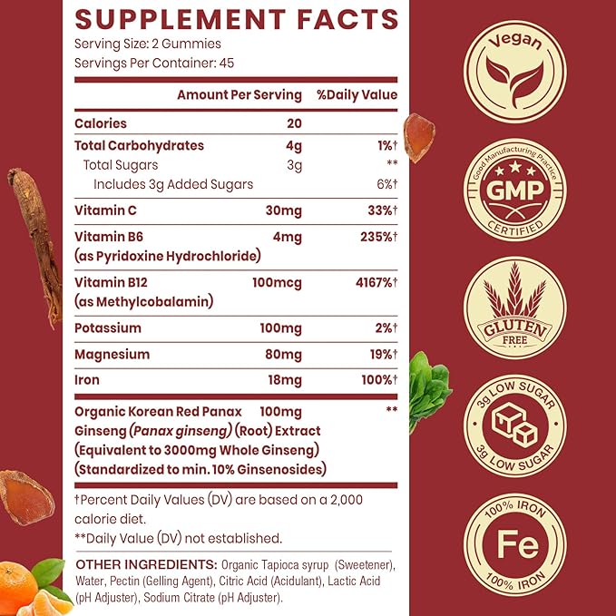 Korean Red Panax Ginseng Supplement Gummies - 180 Count