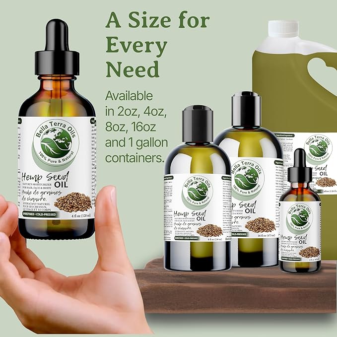 Bella Terra Oils Premium Hemp Seed Oil for Glowing Skin and Shiny Hair – 1gallon, Rich in Fatty Acids, Non-Greasy, Lightweight, Fast Absorbing
