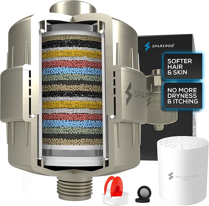 SparkPod 23 Stage Shower Head Filter for Dry Hair and Skin - High Output Universal Shower Filters to Remove Toxic Chemicals, Chlorine & Heavy Metals (Elegant Brushed Nickel)