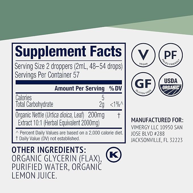 Vimergy Nettle – Superfood for Healthy Cellular Response* – Promotes Bone Health* – USDA Certified Organic, Vegan, Gluten-Free – 115 mL (57 Servings)