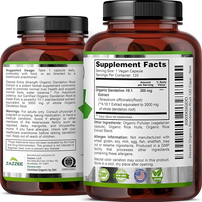 Zazzee USDA Organic Dandelion Root 10:1 Extract, 3000 mg Strength, 120 Capsules, 4 Month Supply, Standardized and Concentrated 10X Extract, 100% Vegetarian, All-Natural and Non-GMO