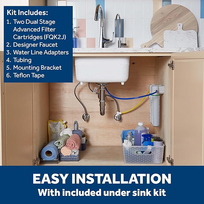 GE Dual Stage Under Sink Water Filtration System with Faucet, Reduces Lead, Chlorine & More, Easy Install, Twist & Lock Design, Replace Filters (FQK2J) Every 6 Months, GXK255TBN
