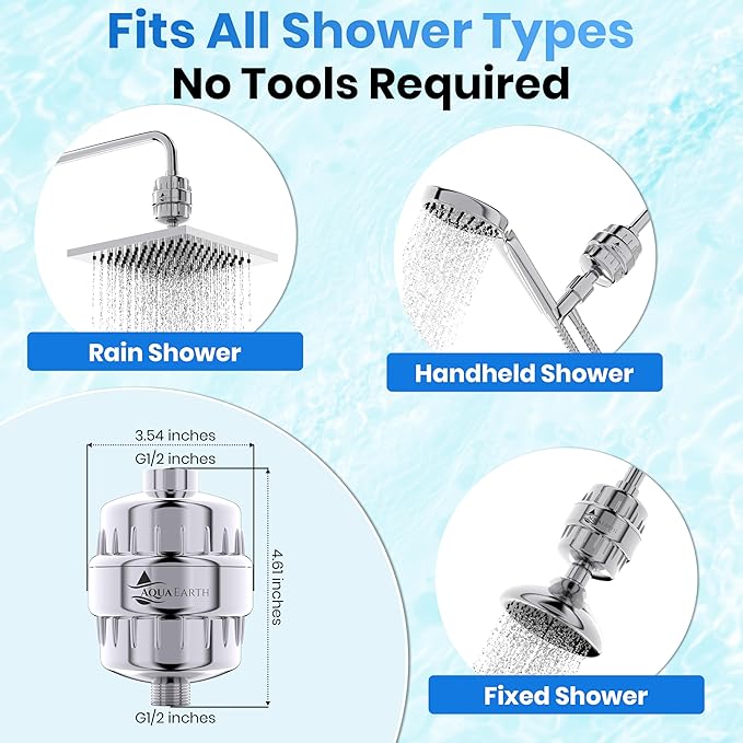 Aqua Earth Shower Filter For Hard Water Removes Chlorine Fluoride Harmful Substances Organics Other Sediments Shower Head Filter High Output Vitamin C For Hair and Nails