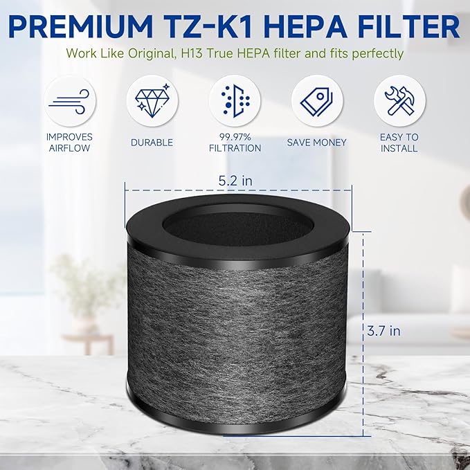 TZ-K1 Replacement Filter Compatible with ToLife TZ-K1, with FreAire KN6391, with Aroeve MK01 MK06 MG01JH Filter, 3-in-1 H13 HEPA Filter 360° Rotating, Activated Carbon and Pre-filter, 3 Pack