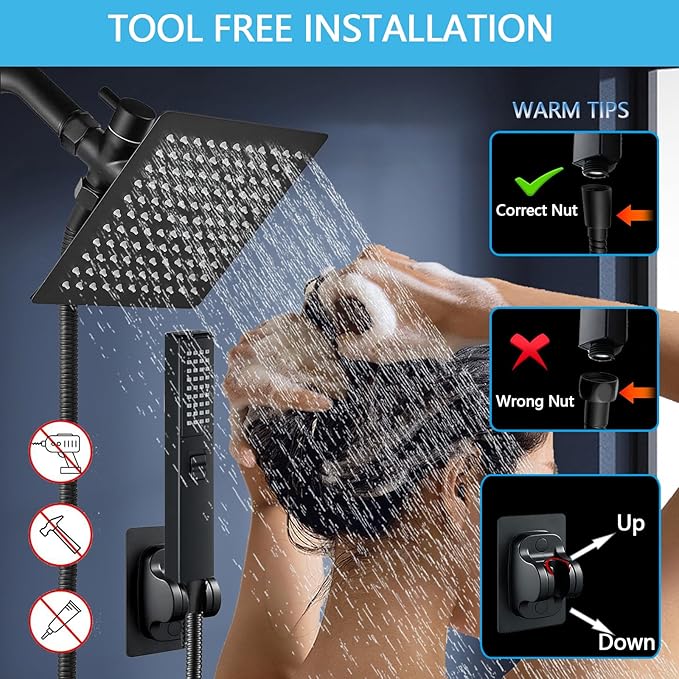 6'' Square High Pressure Rain Black Shower Heads with Handheld Spray Combo. Equipped with 78" Leakproof Hose, 3 Way Diverter Valve, Adhesive Shower Head Holder, Double Shower Head Set, AWAXFOLO