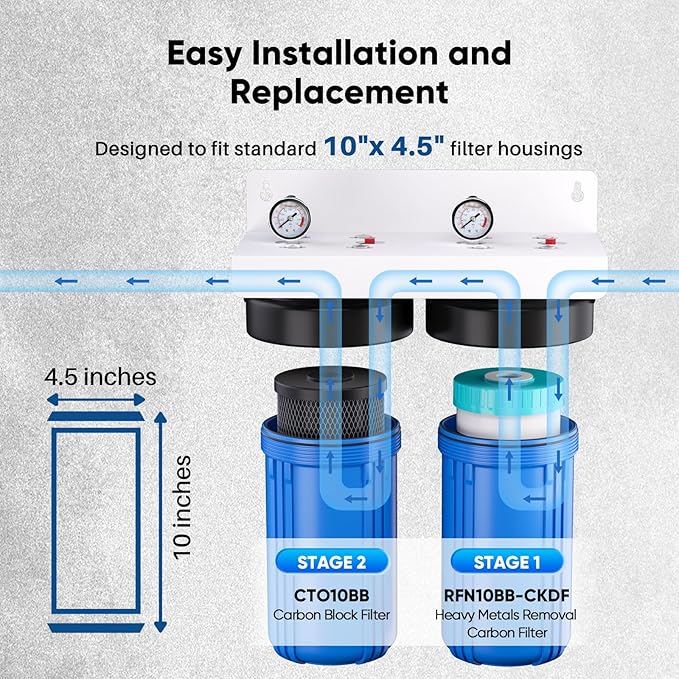 PUREPLUS 5 Micron 4.5"x 10" 2-Stage Whole House Water Filter Cartridge Combo Kit with KDF and Activated Carbon Block Filter, Replacement for WFHDC8001, CB-BB-10, GE FXHTC, GXWH40L, GXWH35F, 1PACK