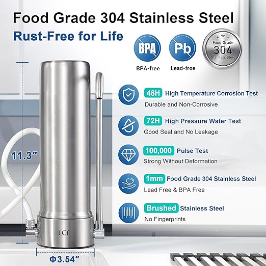 LCF Upgrade Countertop Water Filter, 𝐒𝐢𝐥𝐯𝐞𝐫 𝐈𝐨𝐧𝐬 Enhanced 6-Stage Stainless Steel Water Filter for Sink Faucet, Reduces Heavy Metals, Bad Taste & 99% Chlorine, 16,000 Gallons(2 Filters)
