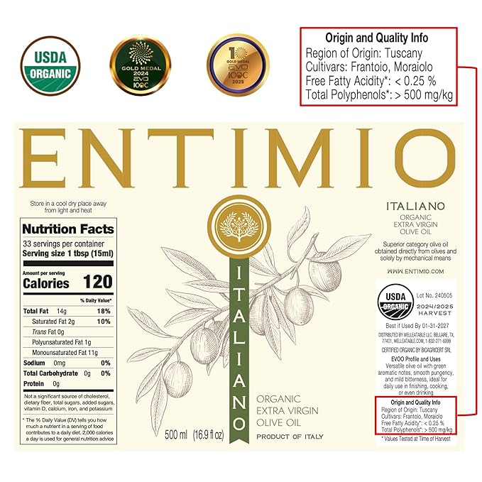 Entimio Italiano +500 mg/kg Polyphenol Rich Organic Drinking Extra Virgin Olive Oil, New 2024-2025 Harvest Italian evoo from Italy, 2025 Gold Winner, Cold Extracted, Clean Cooking and Finishing Use