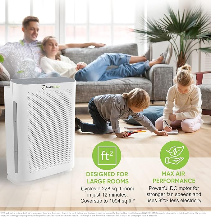 Air Purifier for Home Allergies & Pets | 4-in-1 H13 True HEPA Filter/Ionizer/Carbon + UV Light | Portable Air Purifiers for Large Room & Bedroom Odor Elimination - InvisiClean Aura II