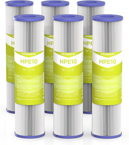 5 Micron Whole House Water Filter Cartridge, Pleated Sediment Filters for Well Water, Universal Replacement for Any 10 inch RO Unit - 10" x 2.5" Cartridges - Pack of 6