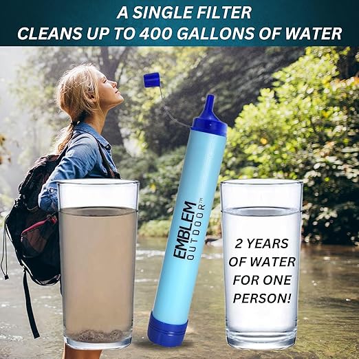 Portable Survival Water Filter Straw for Emergencies. Emergency Water Filtration to Purify Water When Camping, Hiking, or During a Disaster. Personal Water Filter and Purifier for Travel (2 Pack)