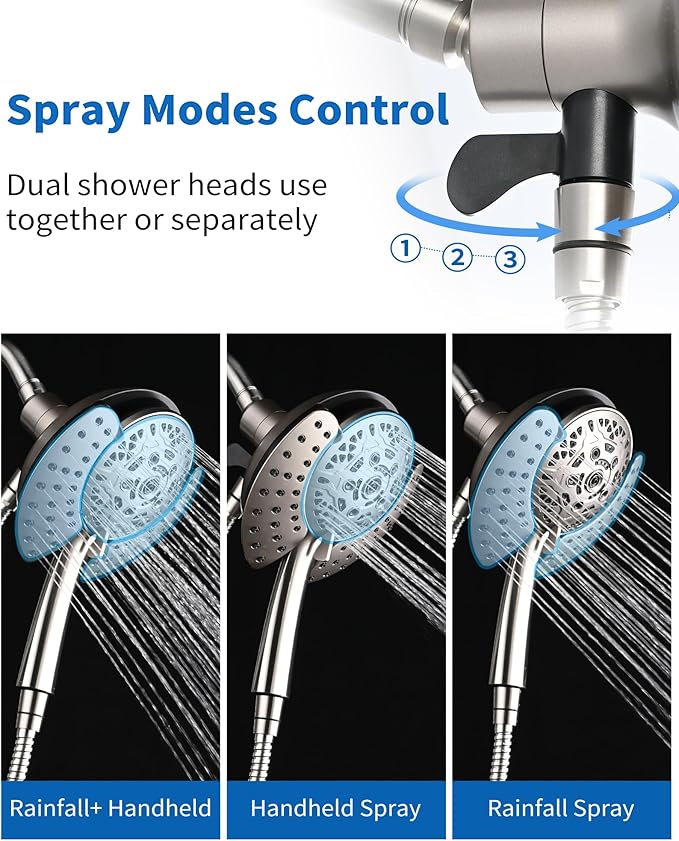 Shower Heads with Handheld Spray Combo: 7.2" Rainfall Shower Head & Handheld Shower Head 2-IN-1 Shower Head with 60" Rotatable Stainless Steel Hose Nickel, Shower Trim Systems