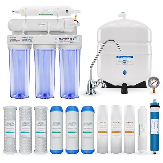 Max Water 5 Stage 100 GPD (Gallon Per Day) RO (Reverse Osmosis) Standard Water Filtration System - Under-Sink/Wall Mount (Clear, with Tank & Faucet-B) - Model: RO-5C6
