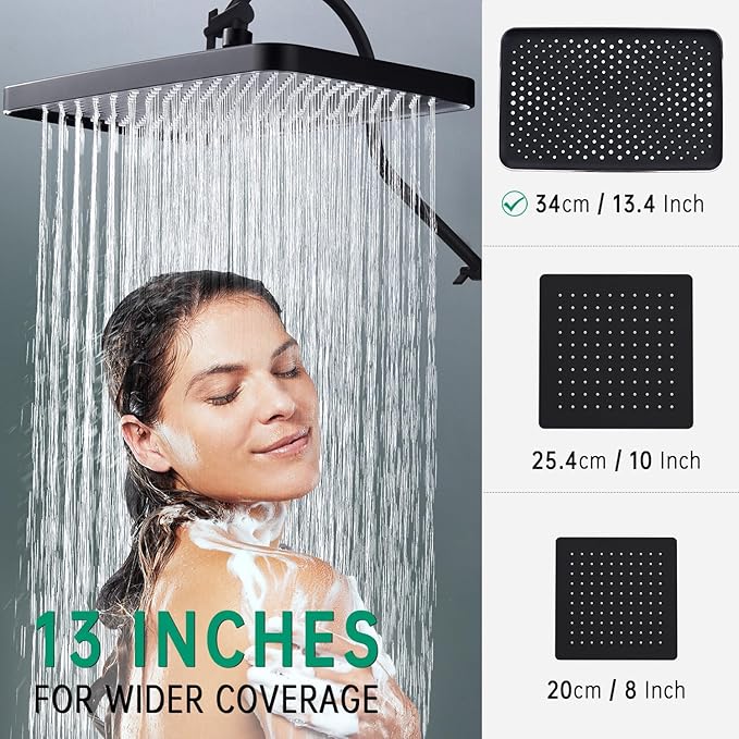 13 Inch Rainfall Shower Head with Multi-Function Handheld Sprayer Combo, 3-Way Metal Extended Diverter with Holder and Metal Adjustable Curved Shower Extension Arm, Extra Long Hose Matte Black