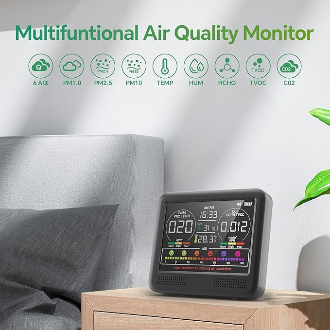 16-in-1 Air Quality Monitor Indoor with 7AQI Beep Alarm, CO2 Monitor, Air Quality Detector with PM1.0 | PM2.5 | PM10 | Temp | HUM | Formaldehyde | VOC Tester for Home Office Plant (Black)
