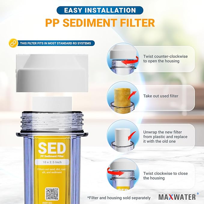 Max Water 10 inch x 2.5 inch, 5 Micron Replacement Sediment Water Filter Cartridge for Whole House, Melt Blown Filtration Fiber for P5, AP110, WHKF-GD05, 25- Pack