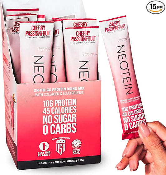 Electrolyte Powder Packets, Protein Powder with 10g Protein & Collagen | Hydration Packets - Zero Sugar, NO Fillers, NO Carbs | Cherry Passionfruit | 45 Calories | Keto & Paleo | Pack of 15