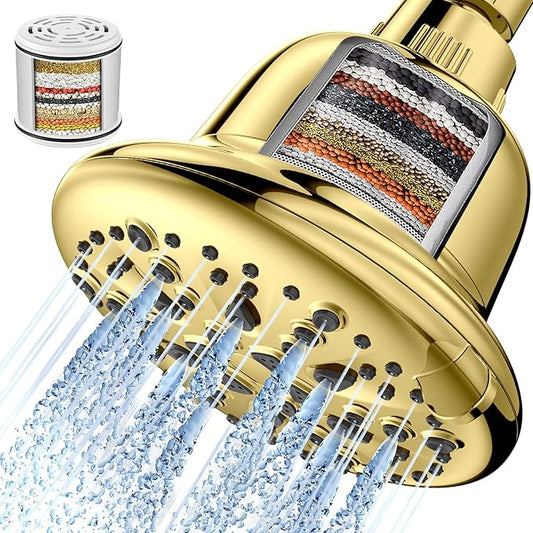 Cobbe Filtered Shower Head, 7 Modes High Pressure Shower Heads - 16 Stage Shower Head Filter for Hard Water for Remove Chlorine and Harmful Substances (Egyptian Gold, 5 Inch Round)