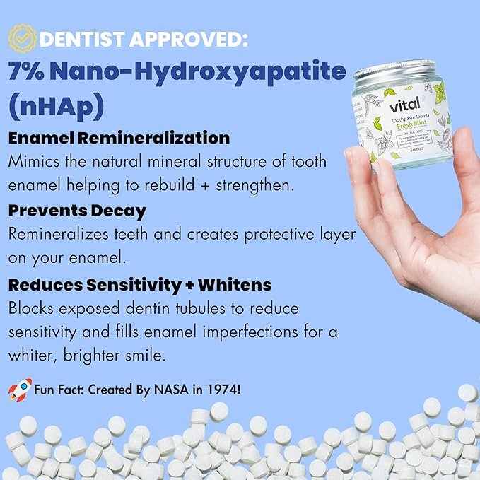 Vital Toothpaste Tabs with 7% Nano-Hydroxyapatite | Naturally Whitens + Remineralizes Teeth | Fluoride & Plastic Free | Combats Sensitivity | Travel & Eco Friendly | Fresh Mint | 248 Tablets (4 Month)