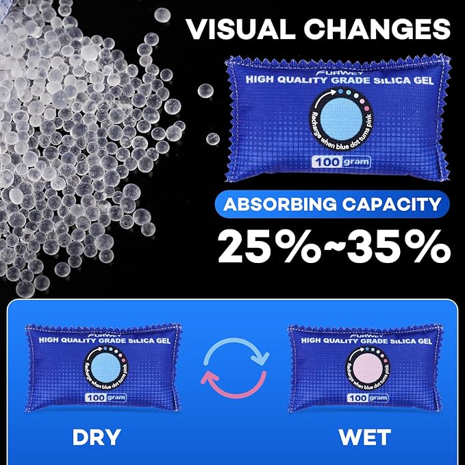 12 Pack Rechargeable Desiccant Packs, 100g Each, Blue, Color Indicating Silica Gel Dehumidifier Bags for Storage, Closets, Cars, Bins