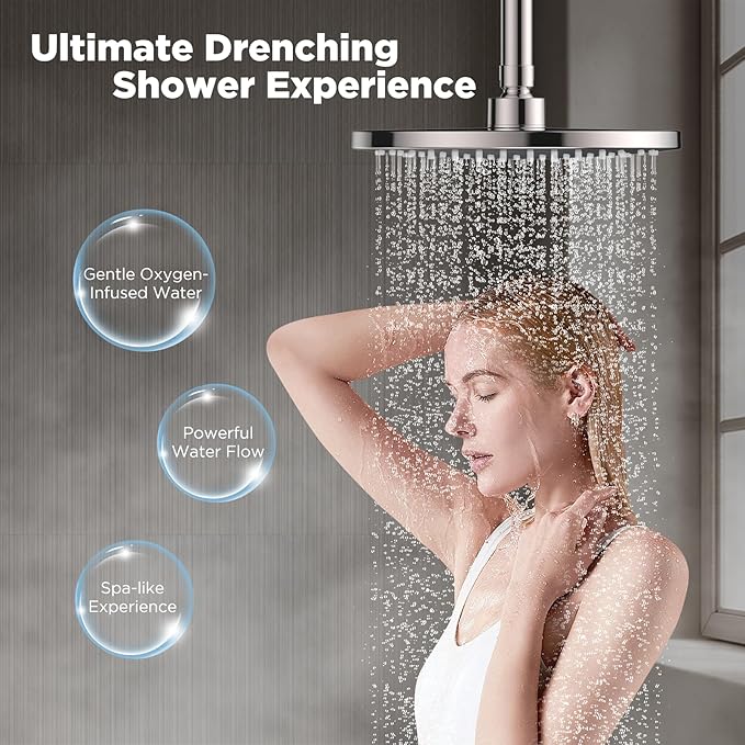 Rain Shower Head - High Pressure Massage Shower Head - 8 Inch Round Powerful Massaging Rainfall Showerhead, Adjustable Replacement for Your Bathroom Fixed Shower Heads