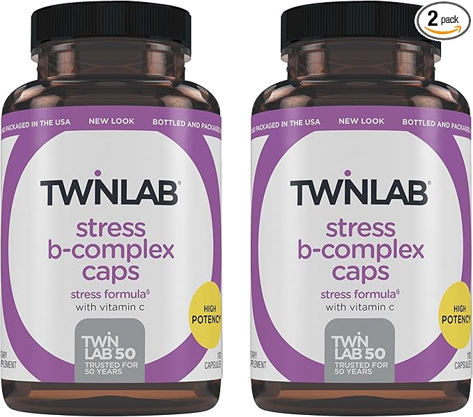 Twinlab Stress B-Complex Caps - Complete B-Complex & 1000 mg Vitamin C - Energy Support Supplement with Vitamin B12 and B6-100 Capsules (Pack of 2)