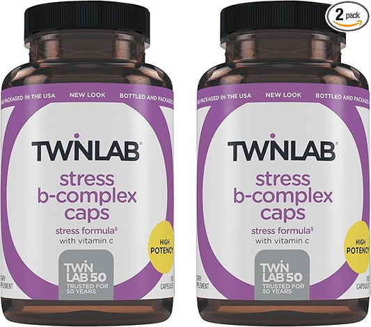 Twinlab Stress B-Complex Caps - Complete B-Complex & 1000 mg Vitamin C - Energy Support Supplement with Vitamin B12 and B6-100 Capsules (Pack of 2)