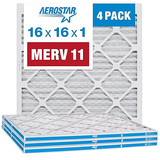 Aerostar 16x16x1 MERV 11 - 4 Count - Pleated HVAC, Furnace & Air Conditioner Filters - Removes Dust, Cold & Flu Germs, Lint, Mold, Pet Dander, Allergy-Causing Pollen, Smog & Smoke