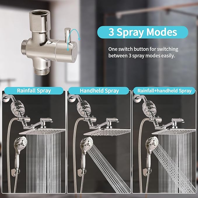 10'' Dual 20 Stage Filtered Shower Head with Handheld, 6 Spray Settings Handheld Shower Head High Pressure Rainfall Filter Combo with 12'' Adjustable Extension Arm, 71'' Shower Hose (Brushed Nickel)