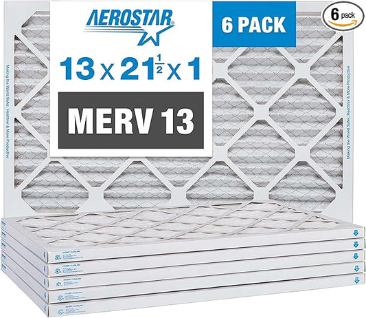 Aerostar 13x21.5x1 MERV 13-6 Count - Pleated Furnace & Air Conditioner Filters - Removes Bacteria, Dust, Cold & Flu Germs, Lint, Mold, Pet Dander, Allergy-Causing Pollen, Smog, Smoke & Viruses