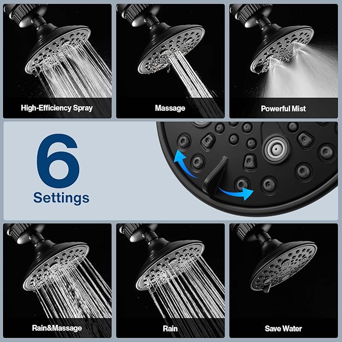 Cobbe 6-Setting High Pressure Filtered Shower Head Combo, Detachable Rain Shower Head with 20 Stage Shower Head Filter for Hard Water - Remove Chlorine and Harmful Substances, Black