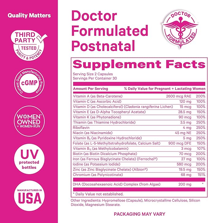 Pink Stork Total Postnatal Vitamins for Women with Vegan DHA, Iron, Folate, and Vitamin B12, Postpartum Recovery Essentials, Daily Supplement for Breastfeeding Moms - 3 Month Supply