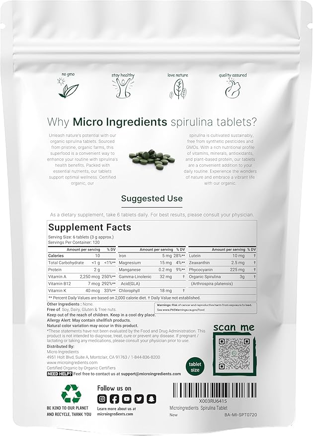 Micro Ingredients Organic Spirulina Supplement, 3000MG Per Serving, 720 Tablets (4 Month Supply), No Filler & Non-GMO, Rich in Vegan Protein, Vitamins & Prebiotics, Premium Spirulina Pills