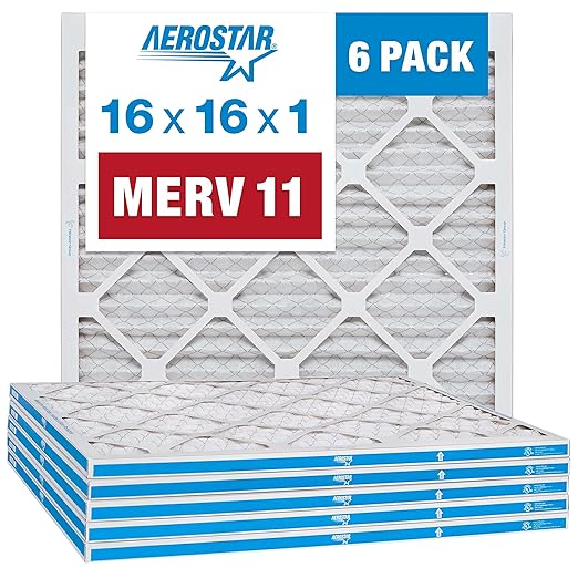 Aerostar 16x16x1 MERV 11 - 6 Count - Pleated HVAC, Furnace & Air Conditioner Filters - Removes Dust, Cold & Flu Germs, Lint, Mold, Pet Dander, Allergy-Causing Pollen, Smog & Smoke