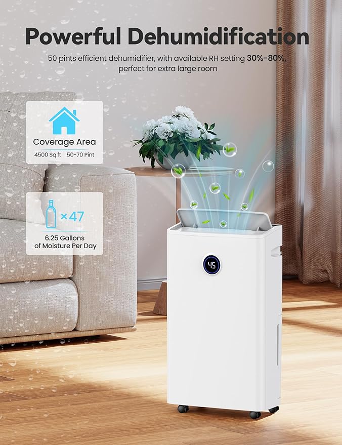 4500 Sq. Ft Dehumidifier for Basement, 50-70 Pints Large Dehumidifiers for Home with drain hose and 5L Water Tank, Moisture Removal for Whole House, Large Room, and Intelligent Humidity Control