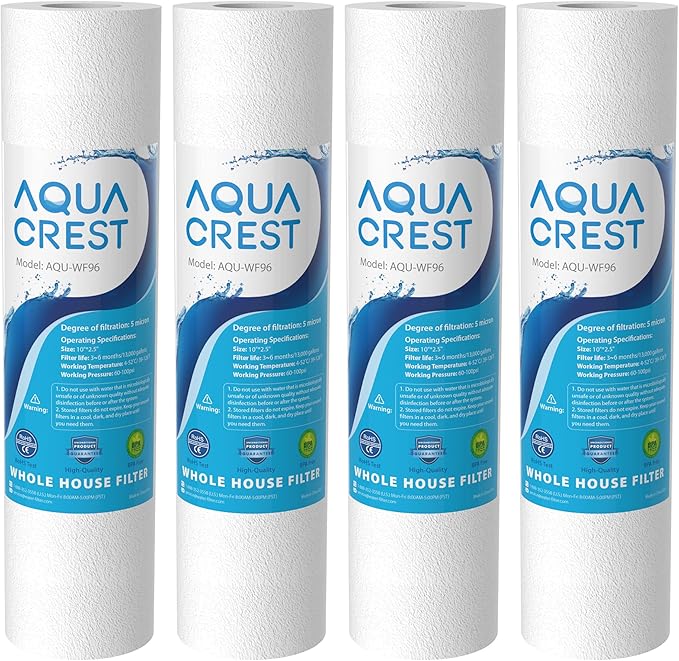 AQUA CREST AP110 Whole House Water Filter, Sediment Filter, 5 Micron, Replacement for 3M® Aqua-Pure AP110, Culligan® P5, APEC, GE FXUSC, Whirlpool®, Any 10" x 2.5" Home Water Filter, Pack of 4